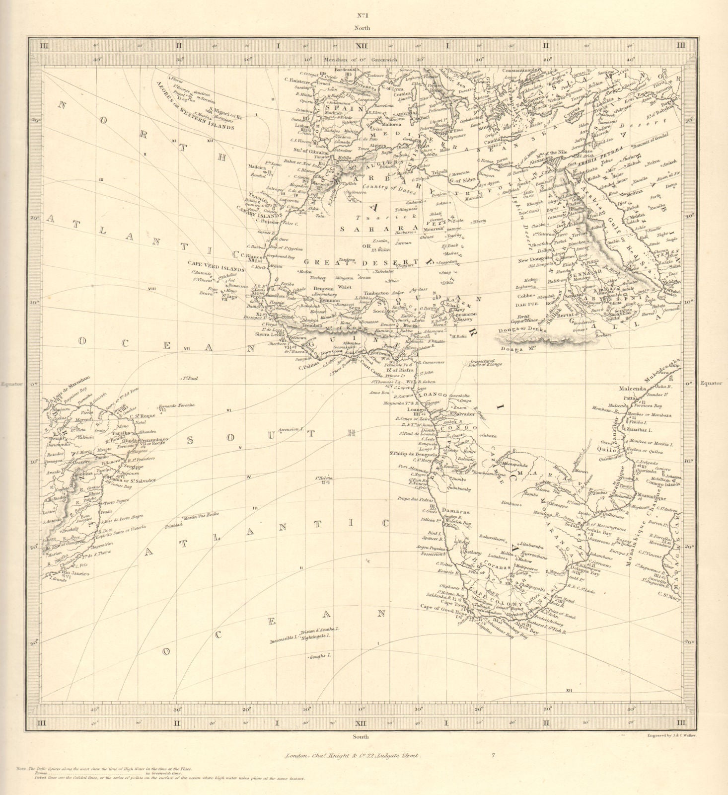AFRICA.South Europe Brazil.Gnomonic Projection.Mountains of Kong.SDUK 1844 map